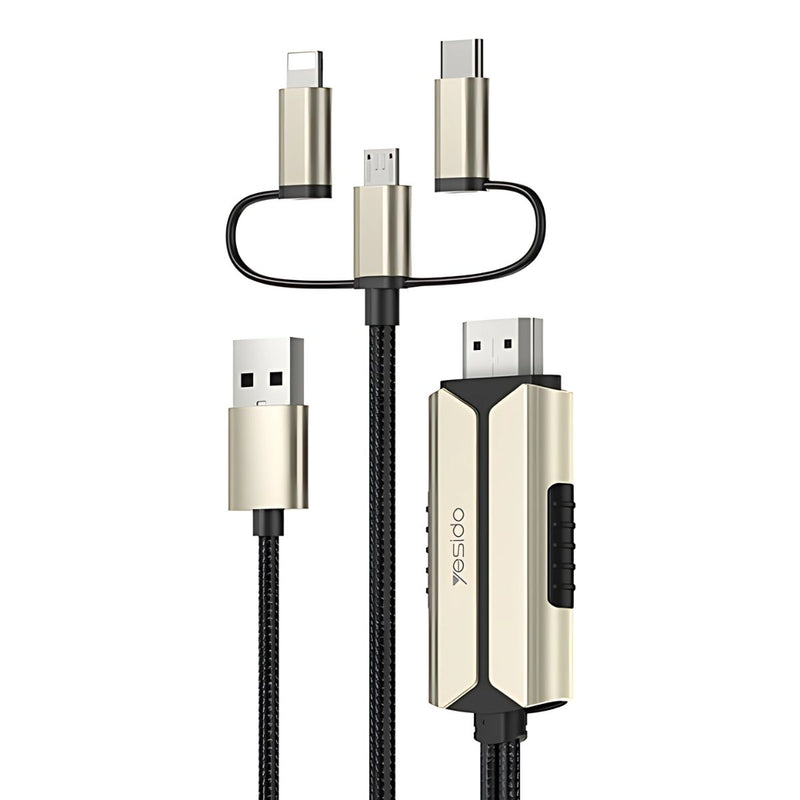 Cable Universal 3 en 1 con HDMI – Lightning, Micro-USB, USB-C. Compatible con iPhone, Android y más (2 Metros).