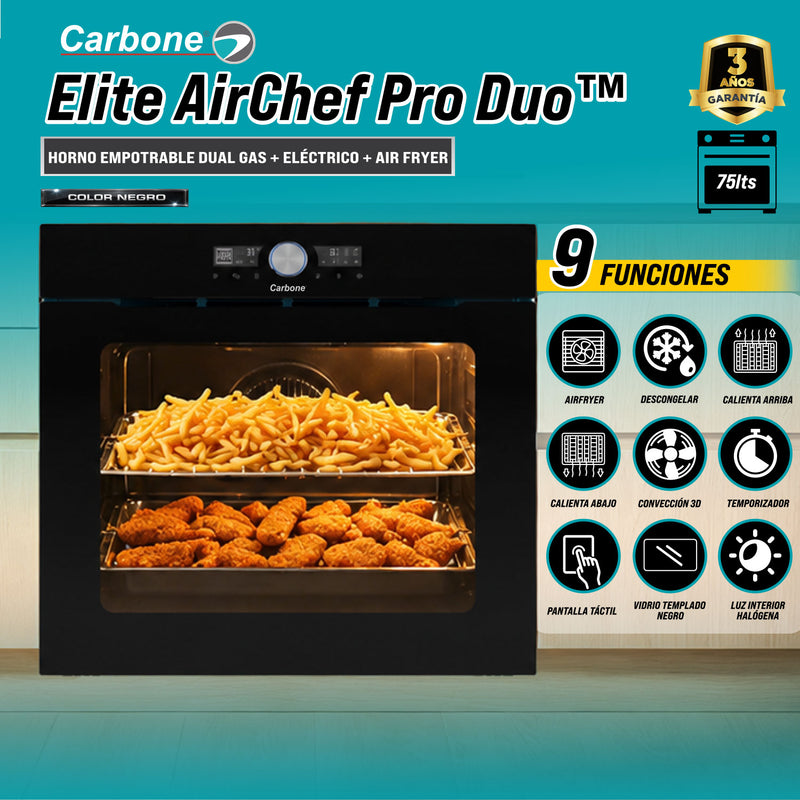 Horno Empotrable Elite AirChef Pro Duo Gas Y Eléctrico Con Air Fryer de 75 Litros y Pantalla Digital. Color Negro (60cm)