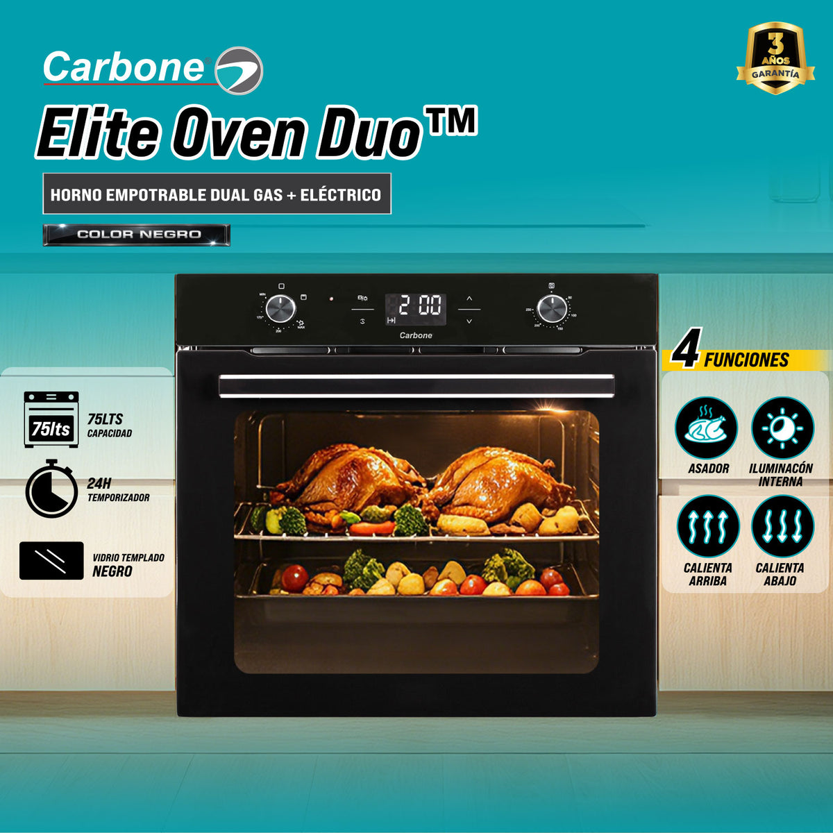 Combo Empotrables Cocina Carbone Campana Extractora SLIM Touchless 75cm + Estufa Elite a Gas 75cm + Horno Elite Duo a Gas y Eléctrico 60cm (Solo online) (No aplica tienda Física)