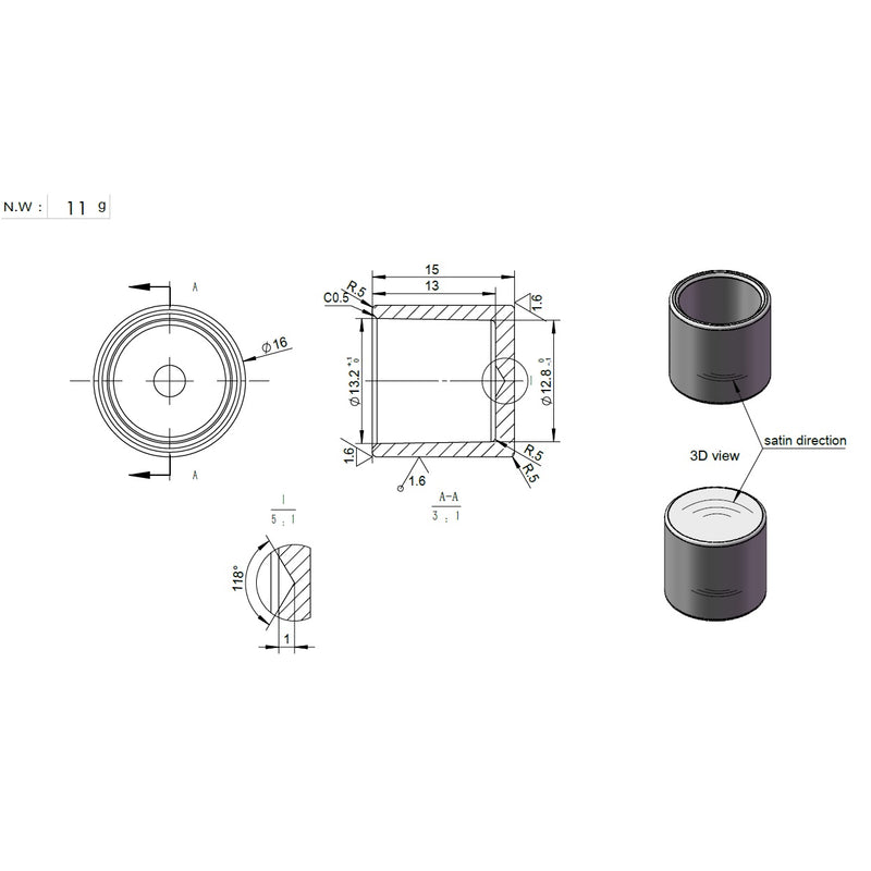Tapa para tubitos de 16 x 13 mm espesor. 304 brillante.