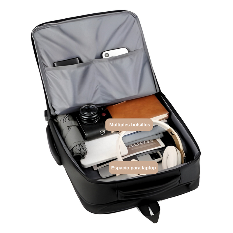 Mochila para laptop negra marca Carbone. Morral de viaje con bolsillo expandible.