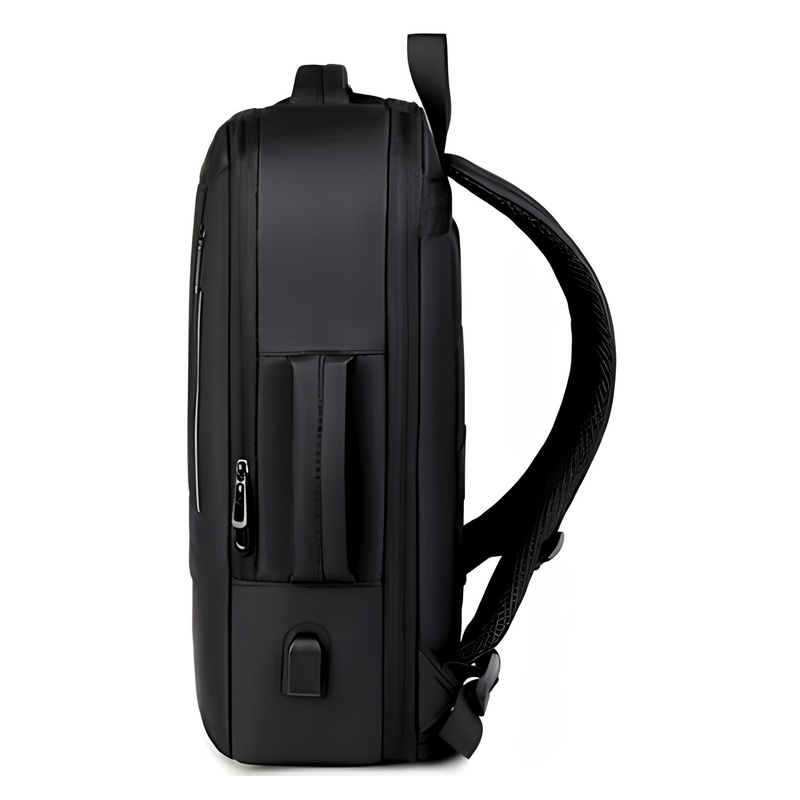Mochila para laptop negra marca Carbone. Morral de viaje con bolsillo expandible.