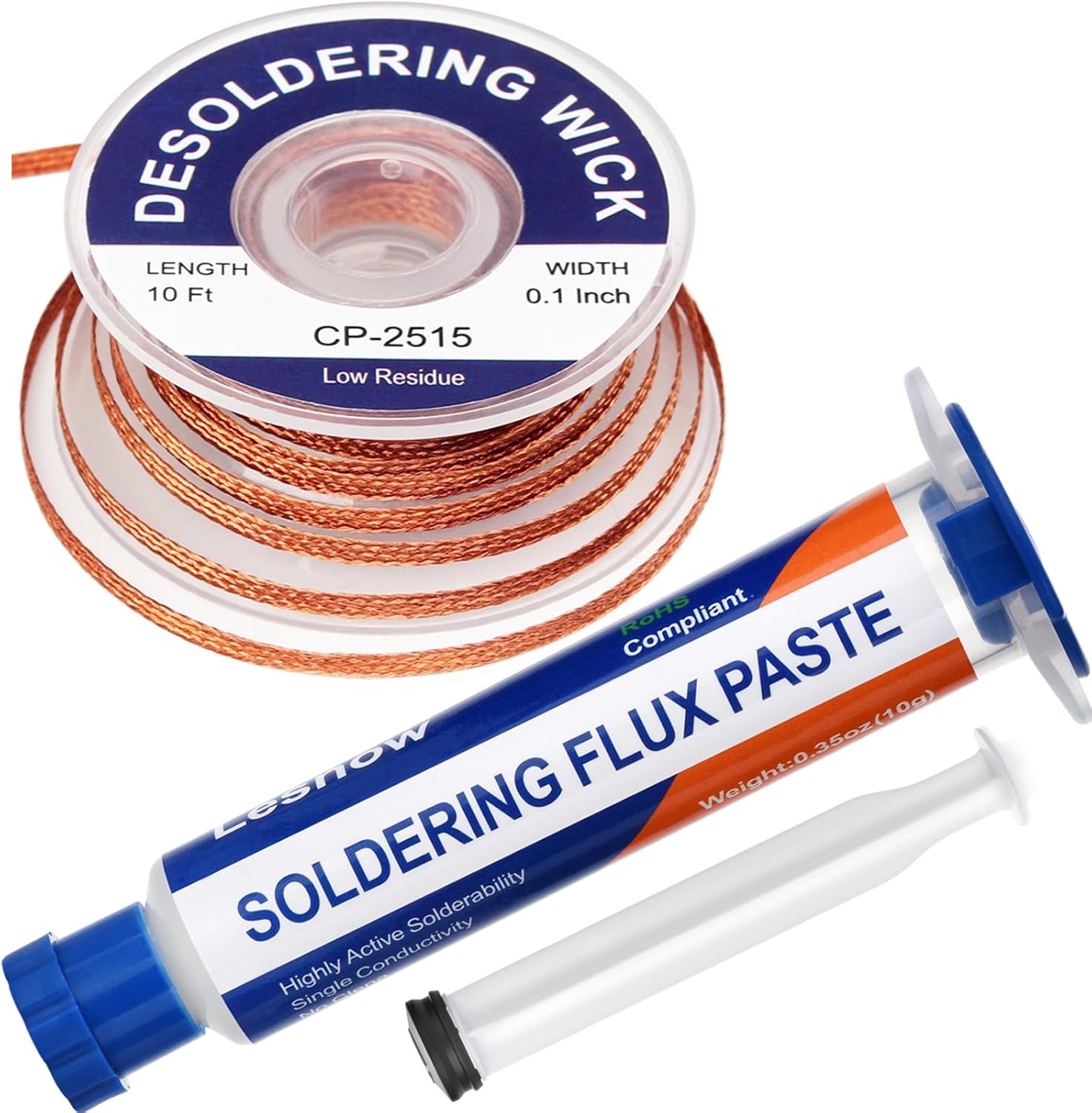 Pasta para soldar y mecha desoldadora. Pasta Flux Para Soldadura y trenza para remover soldadura.