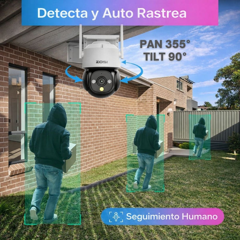 Cámara de Seguridad WiFi PTZ 2MP IP66 con Visión Nocturna Color 20m y Detección Humana. Cámara de Videovigilancia Audio Bidireccional y Pan 355° Tilt 90°