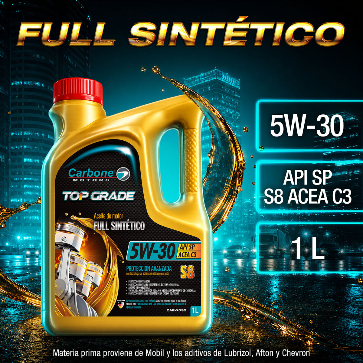 ACEITE DE MOTOR API SP 5W30 FULL SINTÉTICO (TOP GRADE) GASOLINA S8 ACEA C3 CARBONE MOTORS (1 litro)