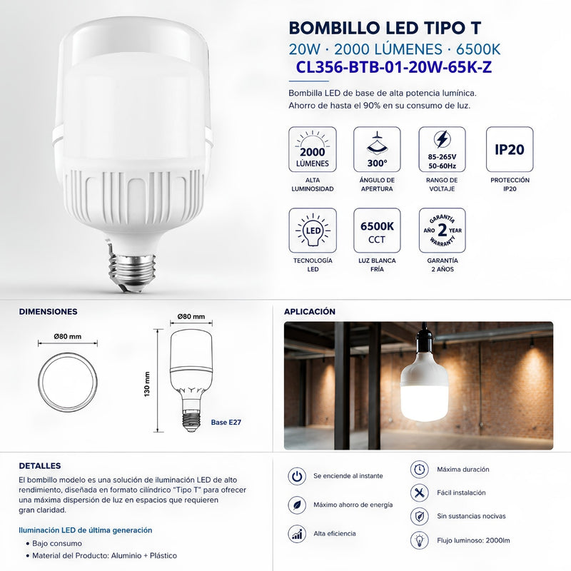 Bombillo LED Tipo T E27 20W 6500K 2000LM Luz Blanca Fría Alta Potencia IP20 Ahorro de Energía