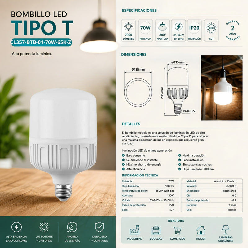 Bombillo LED Tipo T E27 70W 6500K 7000LM Luz Blanca Fría Alta Potencia IP20 Industrial Comercial