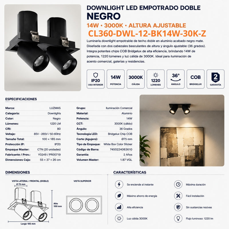 Downlight LED Empotrado Doble Negro 14W 3000K COB Bridgelux Ajustable 36° 1220LM IP20 Interior