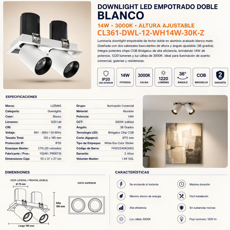 Downlight LED Empotrado Doble Blanco 14W 3000K COB Bridgelux Ajustable 36° 1220LM IP20 Interior