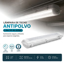 Lámpara Lineal Antipolvo IP65 para 2 Tubos LED T8 G13 1200mm Base Doble Uso Interior y Exterior.