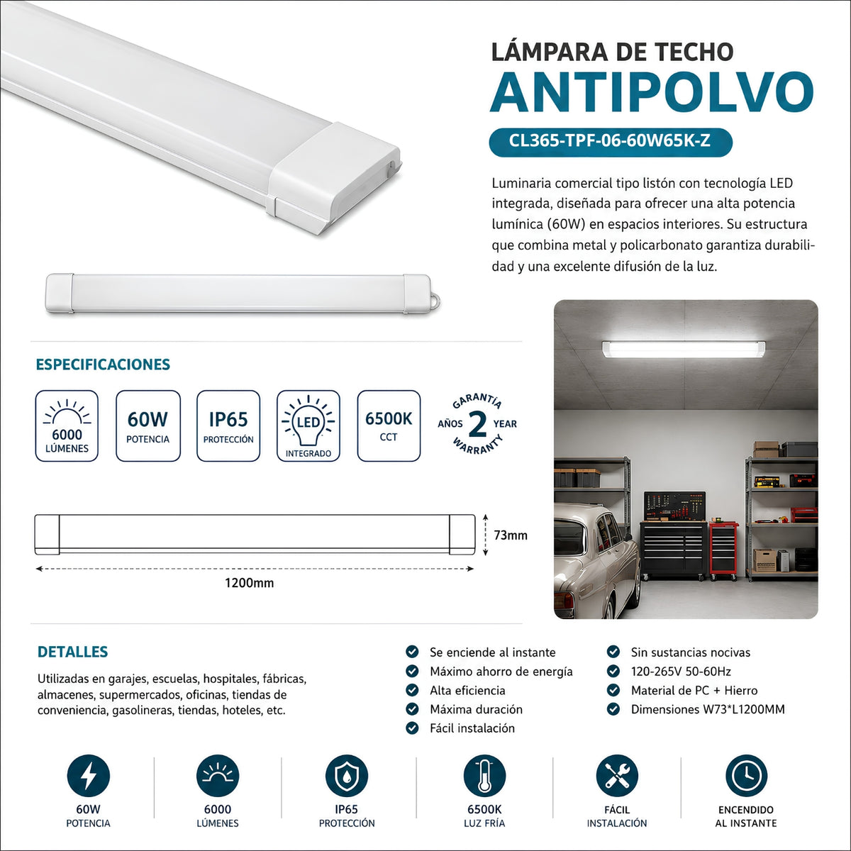 Lámpara LED Antipolvo 60W 6500K 6000LM IP65 1200mm Luz Fría Integrada. Uso Comercial