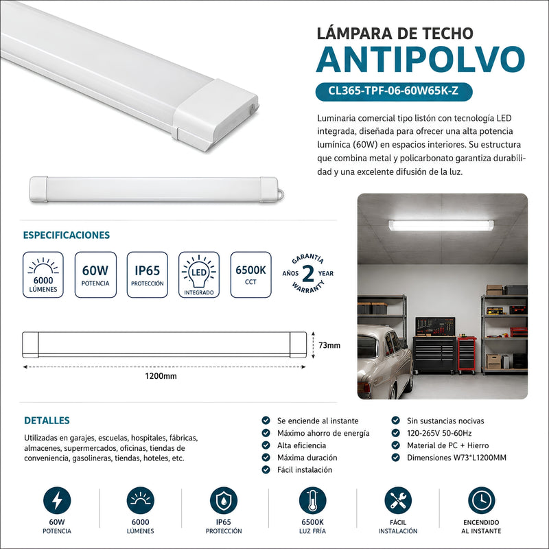Lámpara LED Antipolvo 60W 6500K 6000LM IP65 1200mm Luz Fría Integrada. Uso Comercial