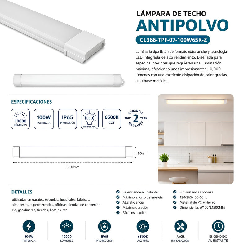 Lámpara LED Antipolvo 100W 6500K 10000LM IP65 LED Integrado. Uso Comercial Industrial
