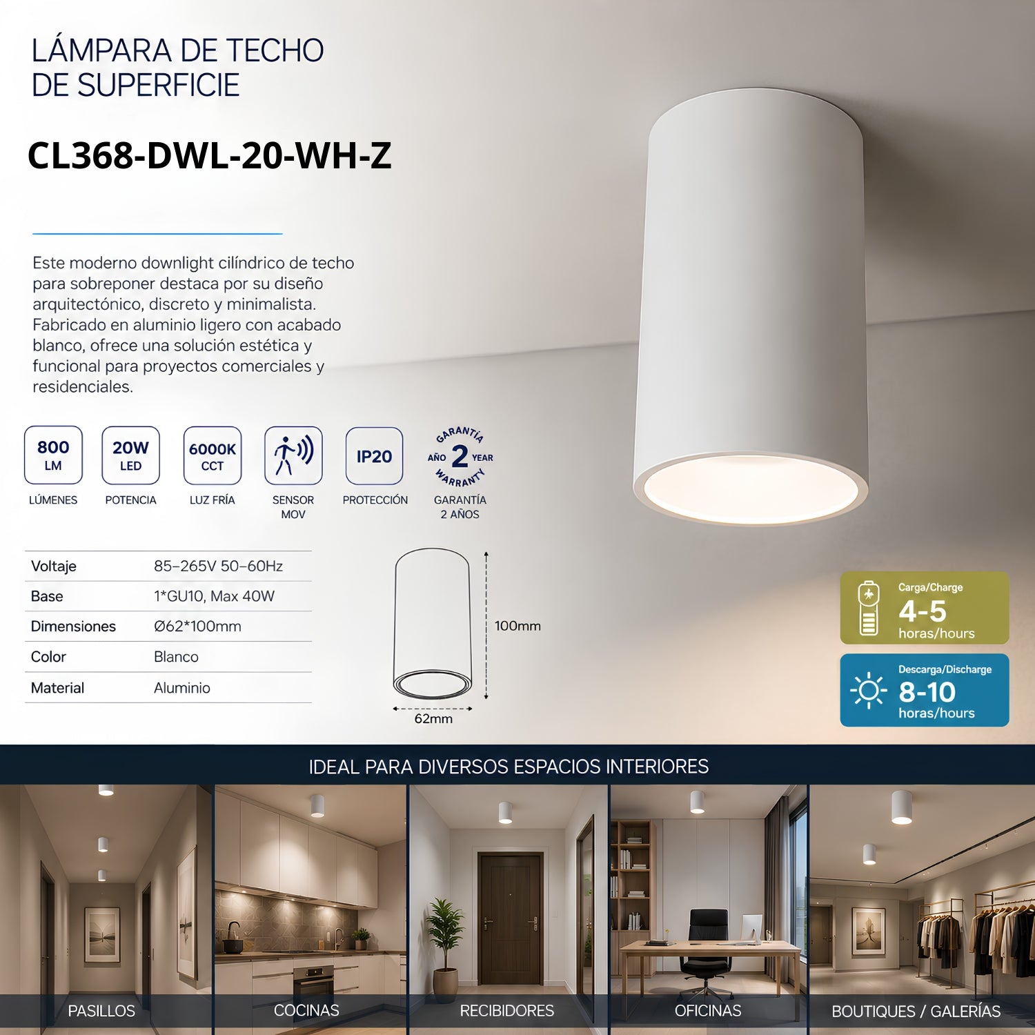 Lámpara de Techo LED de Superficie GU10 Blanca Aluminio IP20 Cilíndrica para Interiores Diseño Moderno.