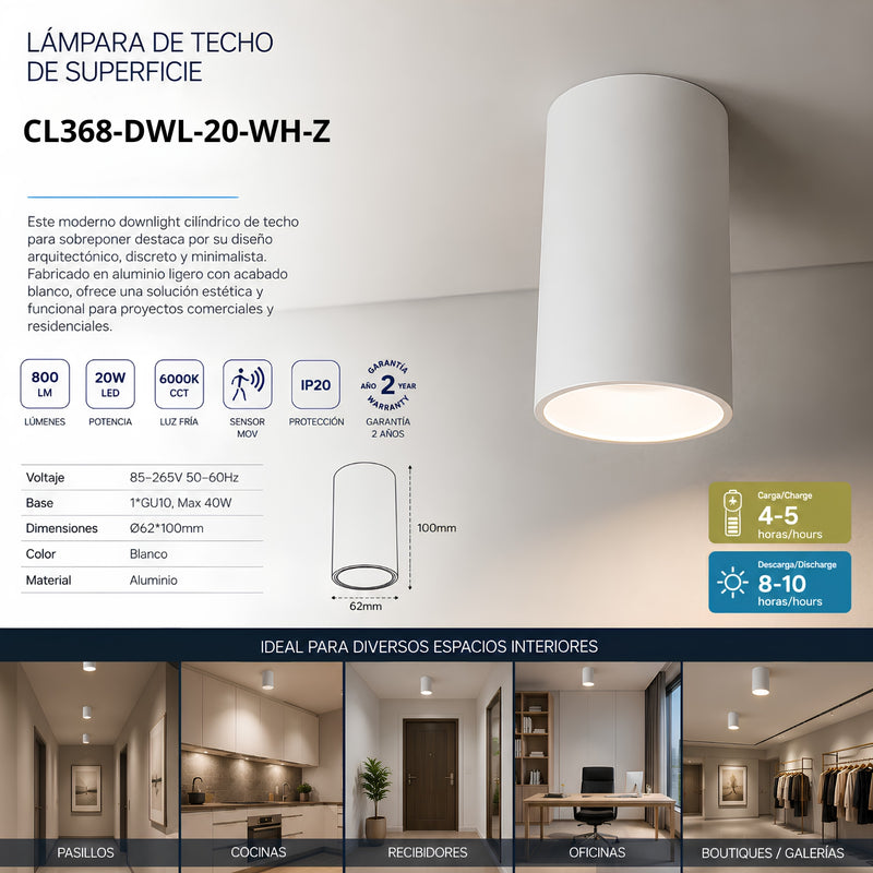 Lámpara de Techo LED de Superficie GU10 Blanca Aluminio IP20 Cilíndrica para Interiores Diseño Moderno.
