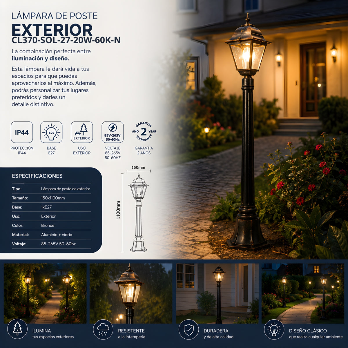 Lampara de Poste Exterior E27 IP44 Bronce para Jardin Patio Terraza y Entrada 150x1100mm Aluminio y Vidrio