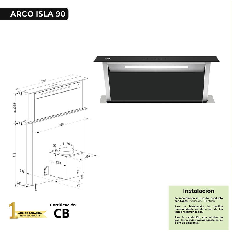 Extractor de grasa empotrable de 88 cm. Color inox con panel de vidrio templado negro. Modelo Arco Isla 90 Drija