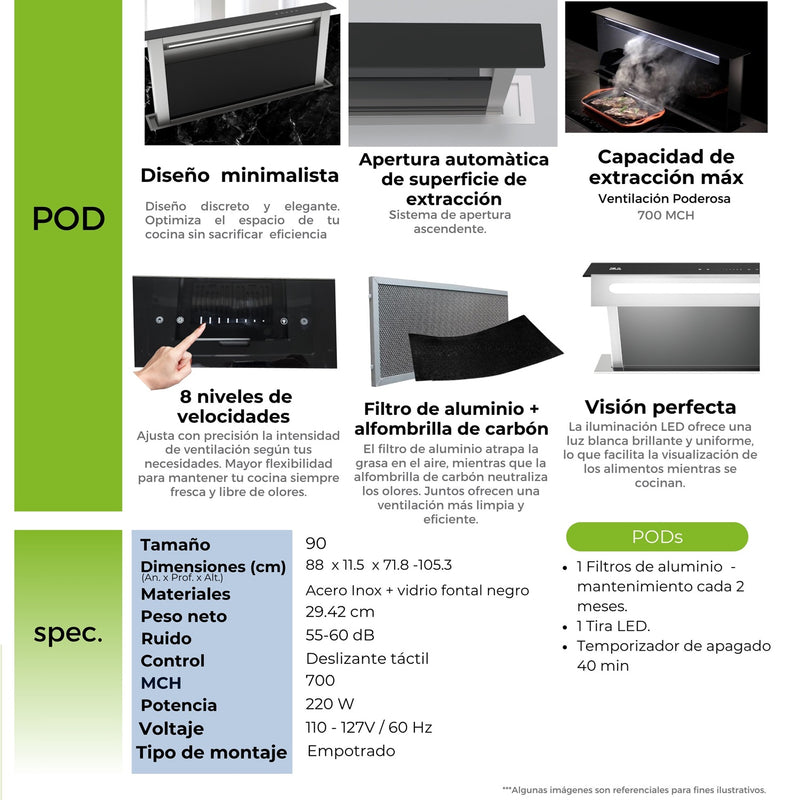 Extractor de grasa empotrable de 88 cm. Color inox con panel de vidrio templado negro. Modelo Arco Isla 90 Drija