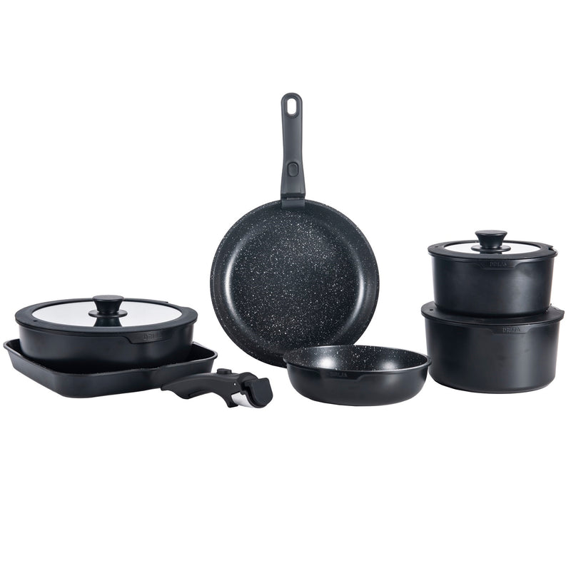 Juego de ollas y sartenes antiadherentes con asas desmontables. Set de 19 piezas, color negro. Modelo Bucatini Drija