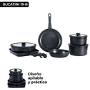 Juego de ollas y sartenes antiadherentes con asas desmontables. Set de 19 piezas, color negro. Modelo Bucatini Drija