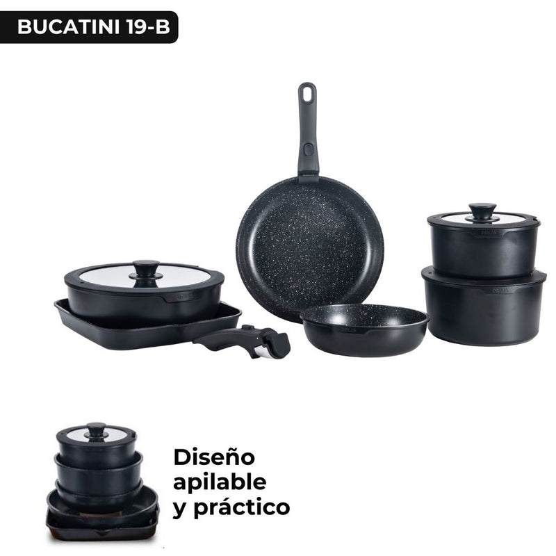 Juego de ollas y sartenes antiadherentes con asas desmontables. Set de 19 piezas, color negro. Modelo Bucatini Drija
