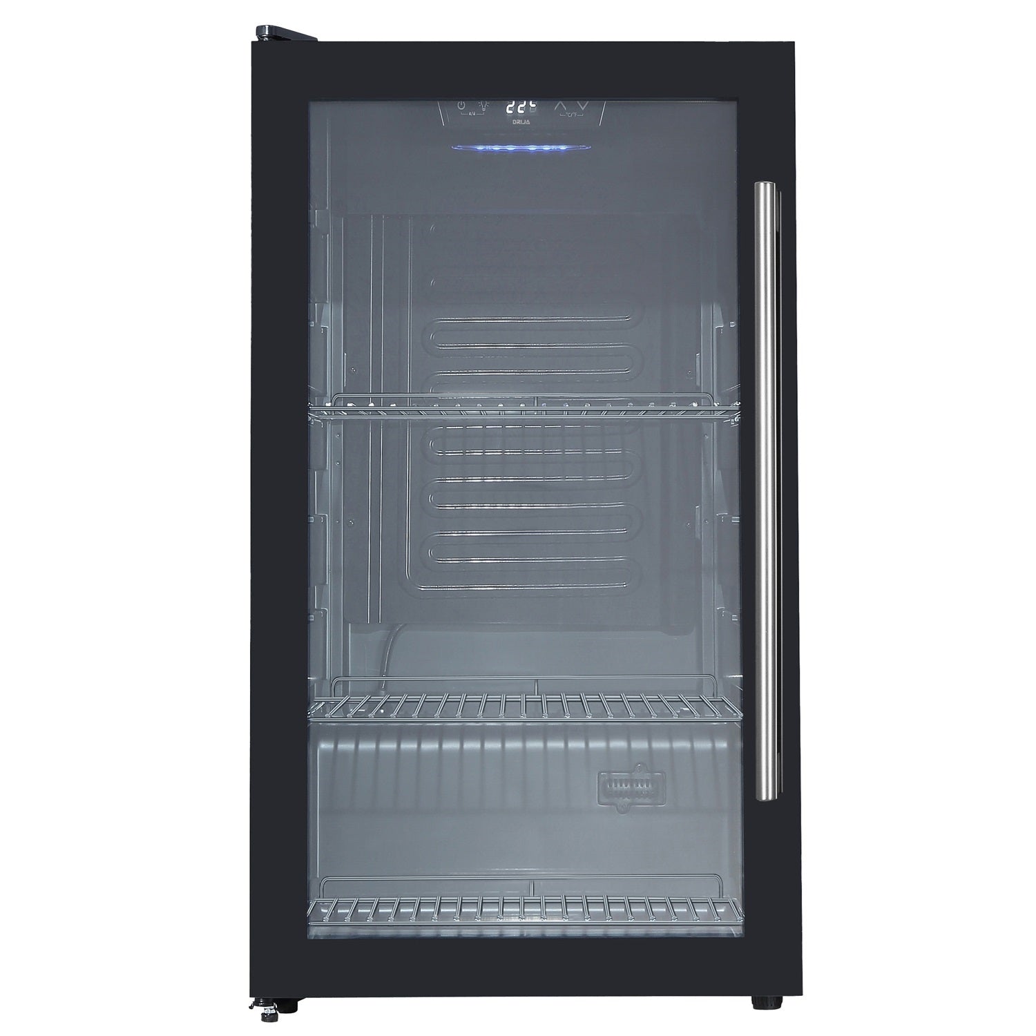 Refrigerador nevera mini de 85 litros con puerta de vidrio. Capacidad para 70 latas. Color Negro. Modelo Piave Drija