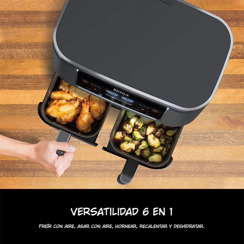 Freidora de aire doble, 6 en 1 Ninja. Air Fryer DZ201 de 7.5 lt antiadherente, con revestimiento de cerámica.
