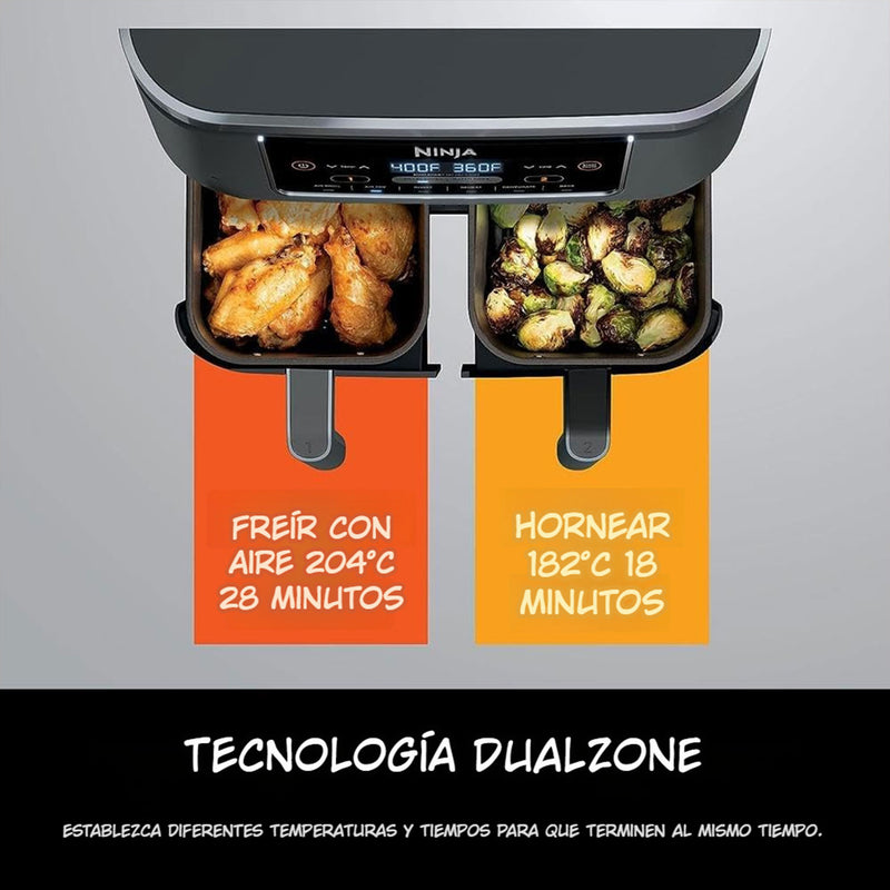 Freidora de aire doble, 6 en 1 Ninja. Air Fryer DZ201 de 7.5 lt antiadherente, con revestimiento de cerámica.