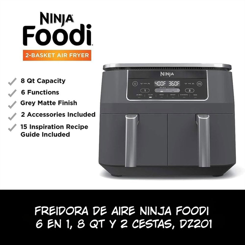 Freidora de aire doble, 6 en 1 Ninja. Air Fryer DZ201 de 7.5 lt antiadherente, con revestimiento de cerámica.