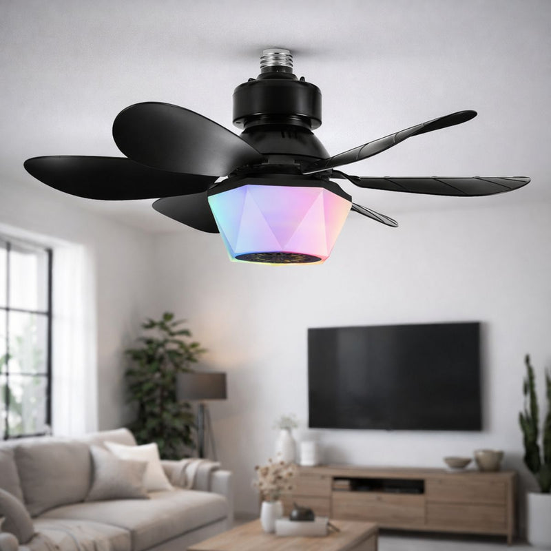 Abanico De Techo 20” Con Socket E27, Luz LED RGB Y 3 Tonos, Bocina Bluetooth. Ventilador Con 6 Aspas, 1600 Lúmenes Y Control Remoto. Color negro.