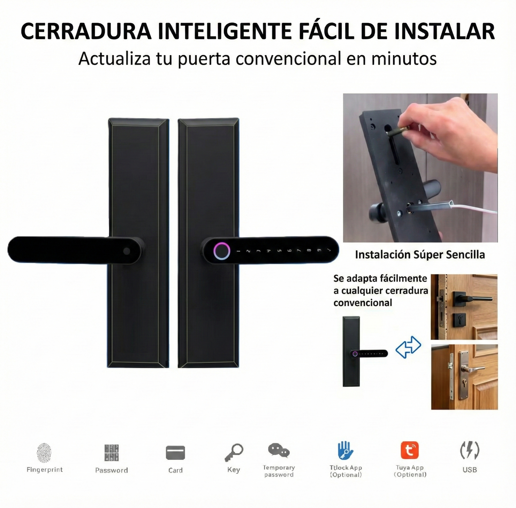 Cerradura Inteligente para Puertas Interiores 5 en 1 Llave Huella contraseña app Instalación sencilla Reemplazo directo sin modificaciones.