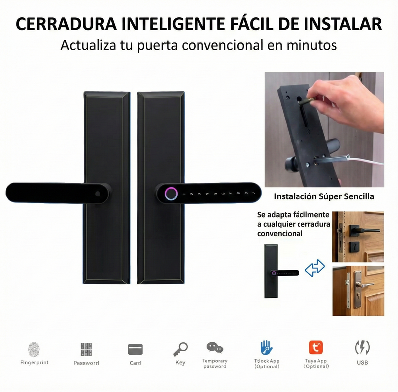 Cerradura Inteligente para Puertas Interiores 5 en 1 Llave Huella contraseña app Instalación sencilla Reemplazo directo sin modificaciones.