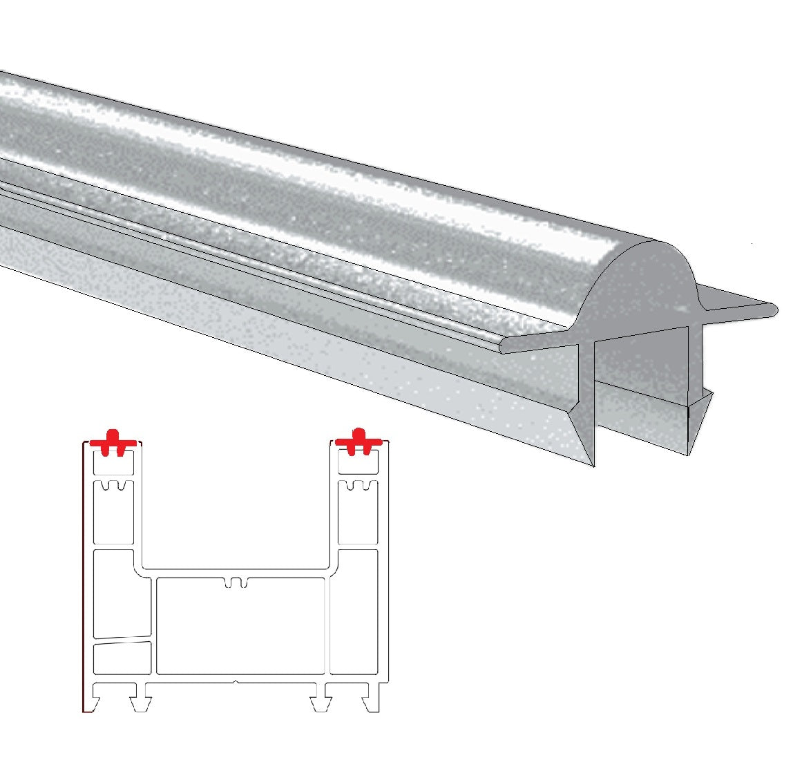 Perfil riel convexo deslizante de Aluminio refuerzo para via corredera en perfiles UPVC de Marco perimetral para puertas y ventanas de mayor peso Serie 60mm UPView