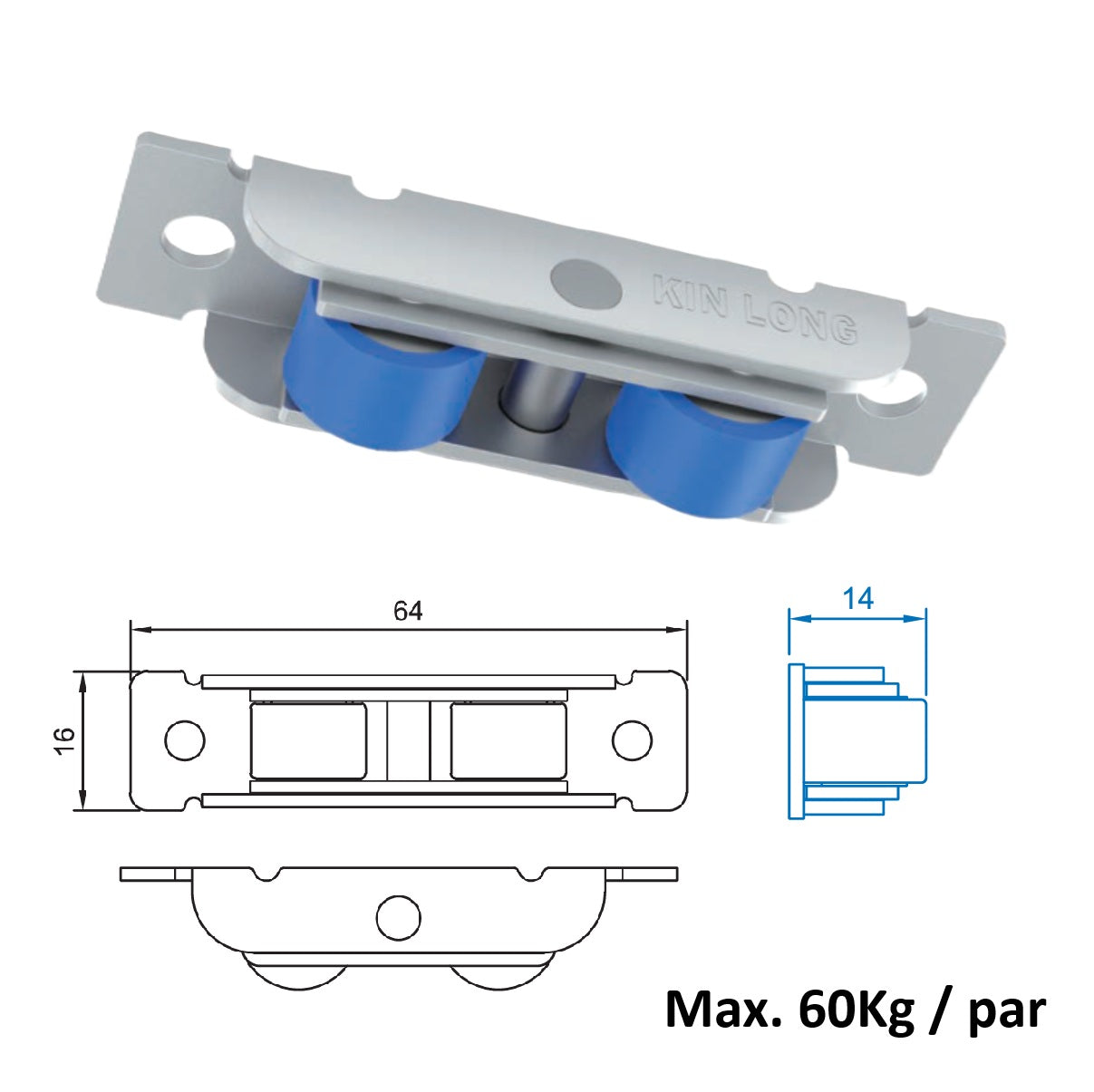 Ruedas Rodachines dobles, rodajas flat para ventanas corredizas de PVC y Aluminio. Capacidad de Carga 60Kg/2pcs (el par), deslizamiento suave