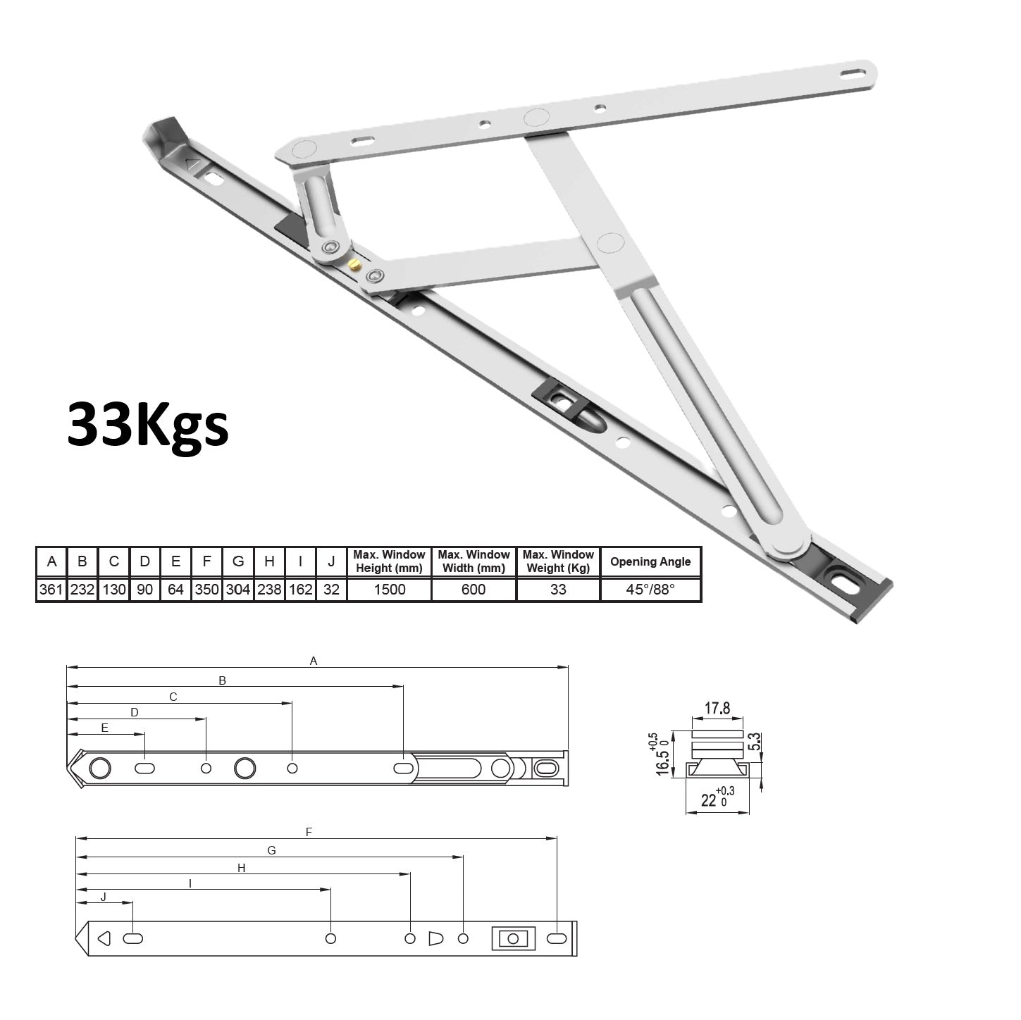 Bisagra Proyectable de Fricción max. 33kg para Ventanas uPVC de Acero Inoxidable 304