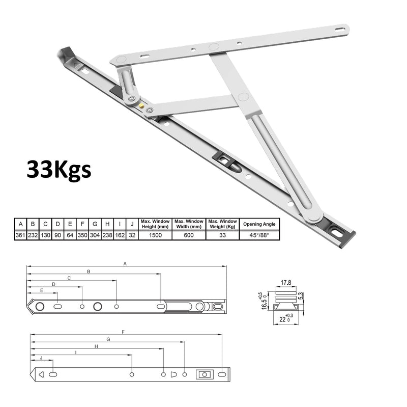 Bisagra Proyectable de Fricción max. 33kg para Ventanas uPVC de Acero Inoxidable 304