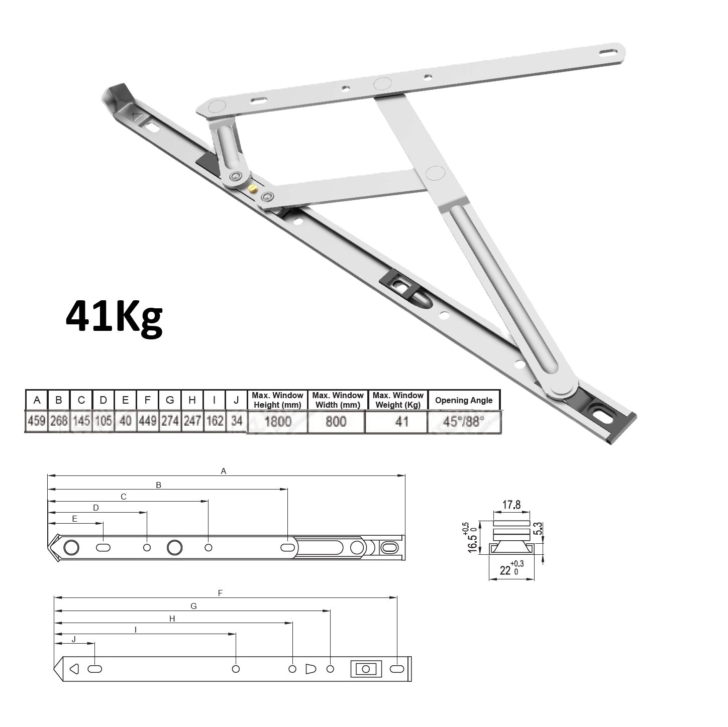 Bisagra Proyectable de Fricción max. 41kg para Ventanas uPVC de Acero Inoxidable 304