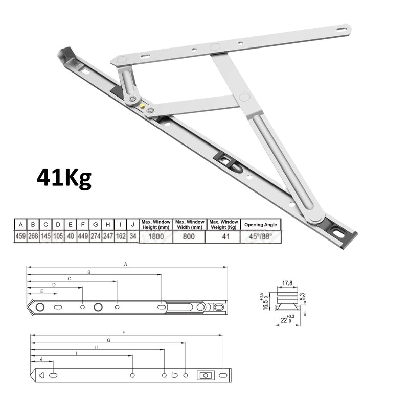 Bisagra Proyectable de Fricción max. 41kg para Ventanas uPVC de Acero Inoxidable 304