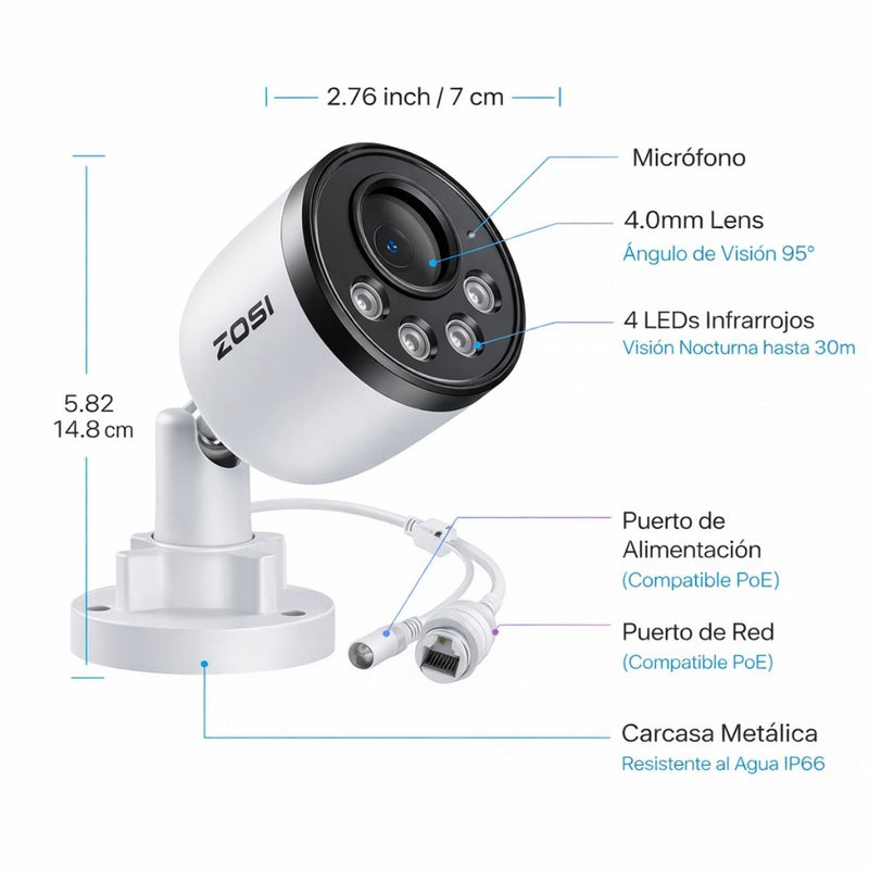 Cámara de Seguridad PoE de 4MP con Detección de Movimiento y Vehículos. Cámara de Videovigilancia con Visión Nocturna 30m y Micrófono Integrado IP66