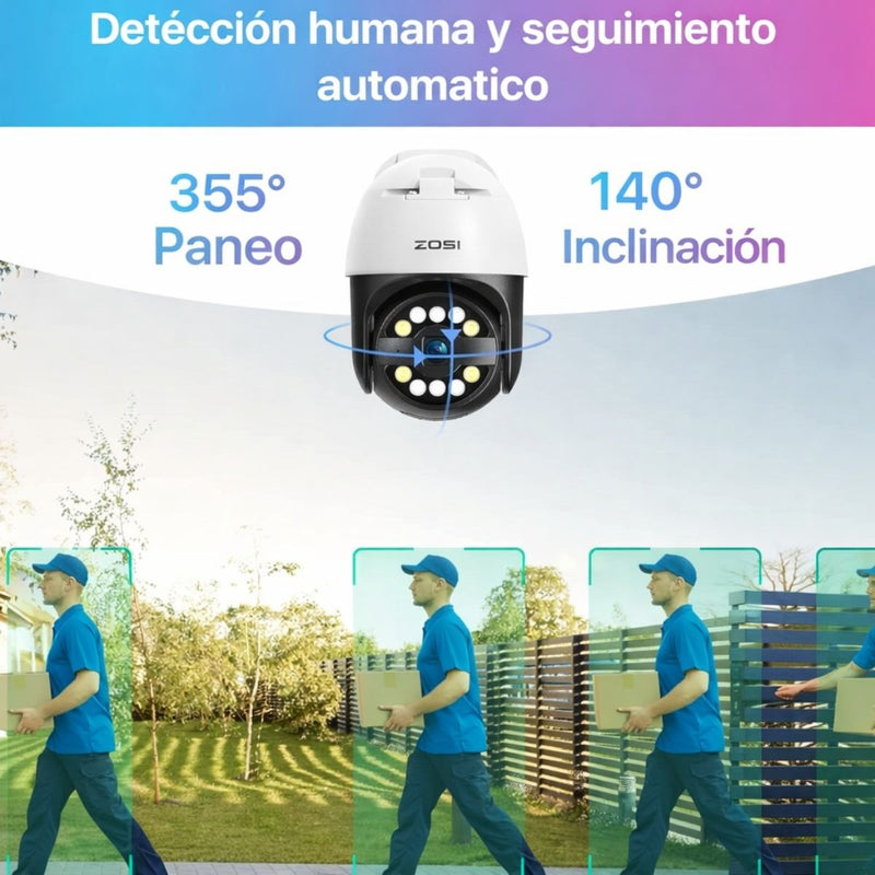 Cámara de Seguridad IP PoE PTZ 5MP Exterior 355° Pan 140° Tilt con Auto Seguimiento y Visión Nocturna 30m, Detección IA y Audio Bidireccional