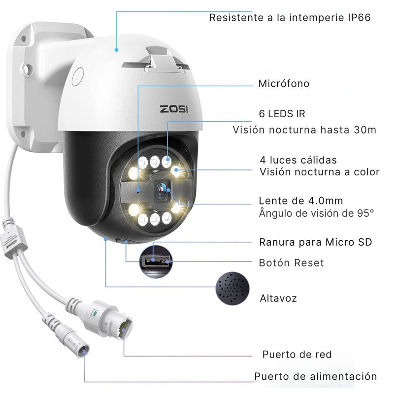 Cámara de Seguridad IP PoE PTZ 5MP Exterior 355° Pan 140° Tilt con Auto Seguimiento y Visión Nocturna 30m, Detección IA y Audio Bidireccional