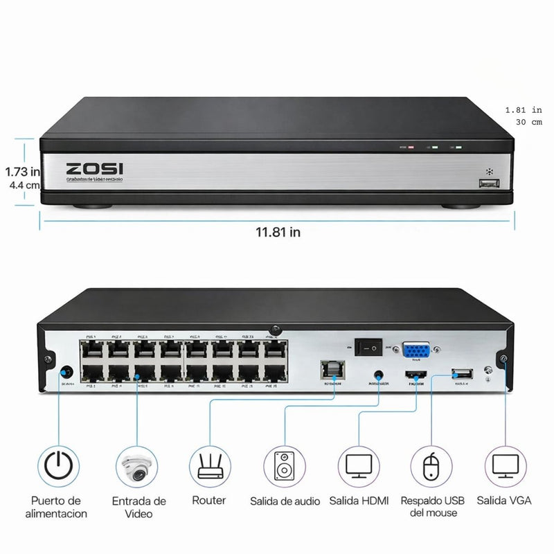NVR PoE 16 Canales 8MP 4K con Compresión H.265+. Servidor de videovigilancia con Salida HDMI y VGA. Soporta Disco Duro hasta 8TB  (no incluido)