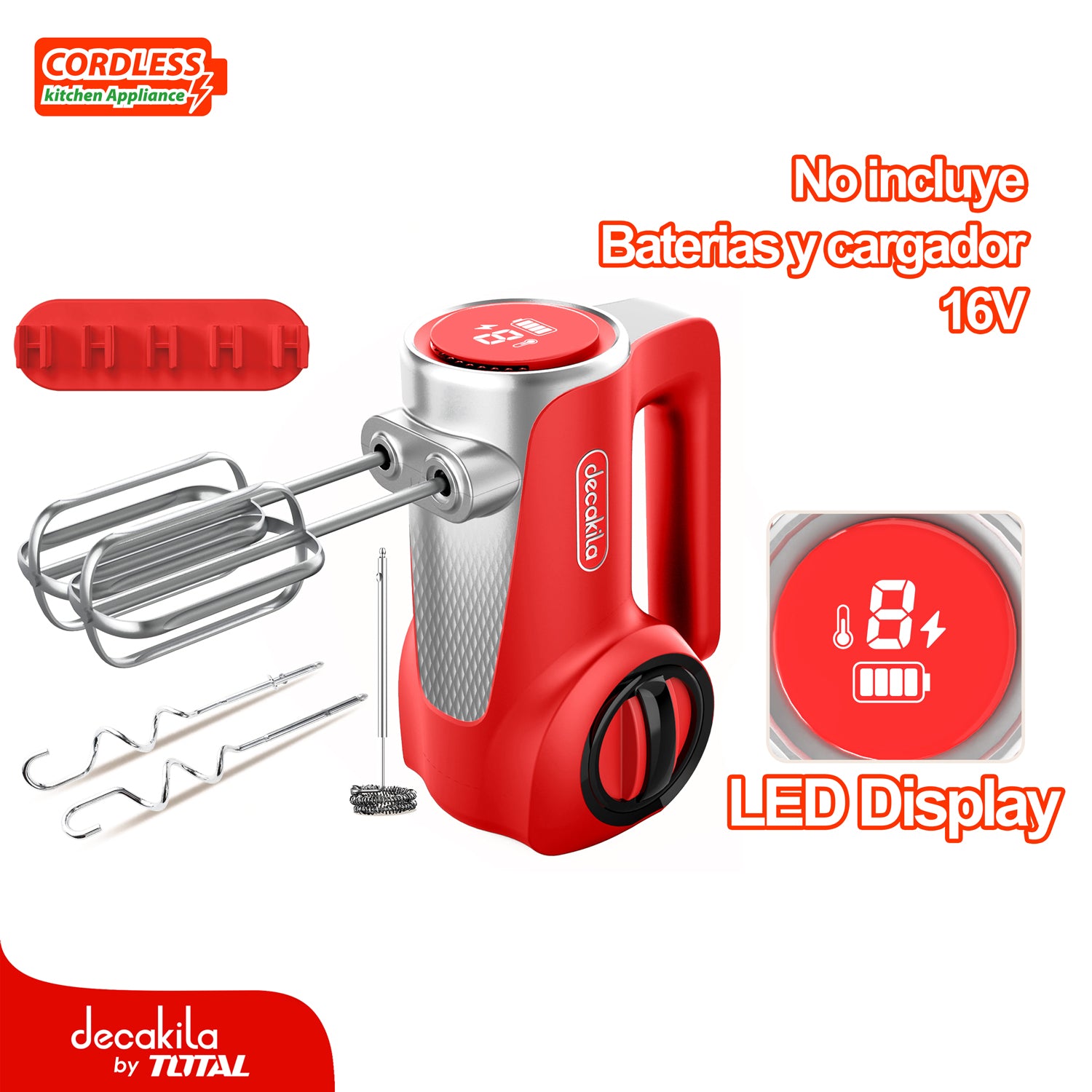 Batidora De Mano Inalámbrica Roja 125W. 16V. 7 Velocidades. Batería Y Cargador Por Separado.