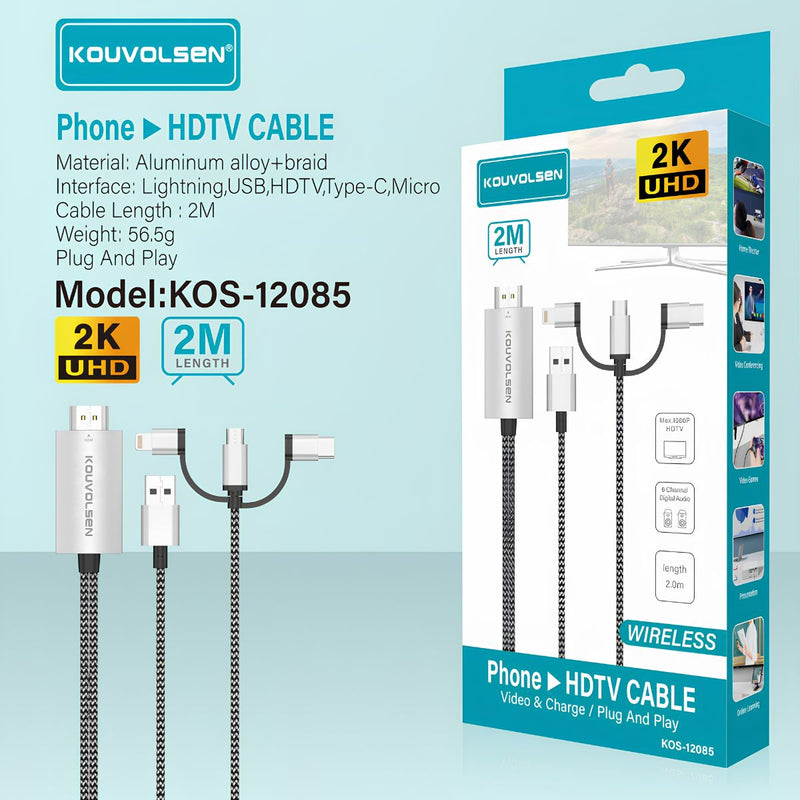 Cable Adaptador HDTV 2K UHD Para Celular Con HDMI. Compatible Con Lightning, Type-C Y Micro USB. Longitud De 2M. Plug And Play.