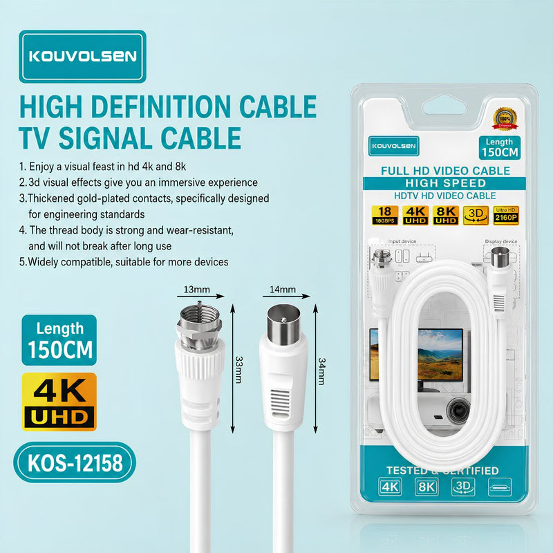 Cable Coaxial Para TV De Alta Definición De 1.5 Metros. Compatible Con Señal Digital, TV HD, 4K Y 8K.