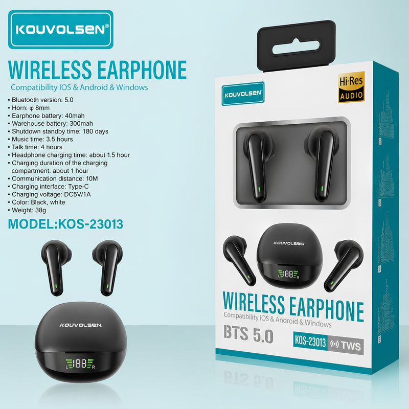 Audífonos Inalámbricos Bluetooth 5.0 TWS. Auriculares Con Audio Hi-Res, Pantalla LED Y Estuche De Carga USB-C. Color negro.