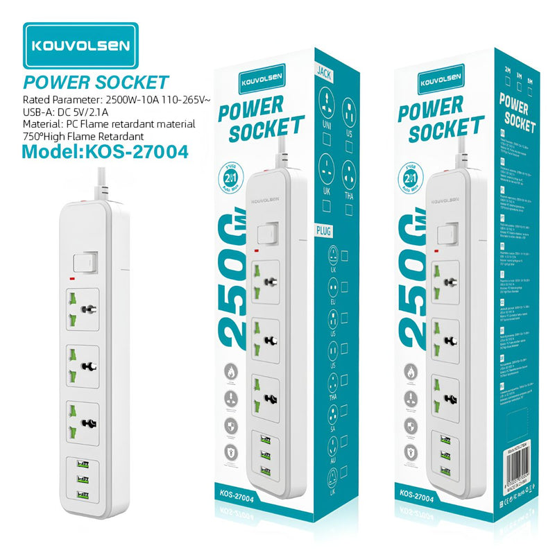 Regleta Multitoma Universal De 3 Enchufes Con 3 Puertos USB. Potencia De 2500W, Cable De 2M y Protección Contra Sobrecalentamiento.