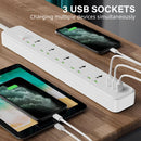 Regleta Multitoma Universal De 3 Enchufes Con 3 Puertos USB. Potencia De 2500W, Cable De 2M y Protección Contra Sobrecalentamiento.
