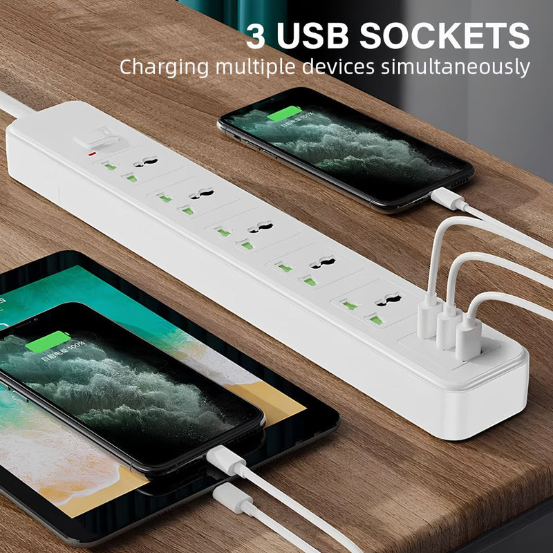 Regleta Multitoma Universal De 3 Enchufes Con 3 Puertos USB. Potencia De 2500W, Cable De 2M y Protección Contra Sobrecalentamiento.