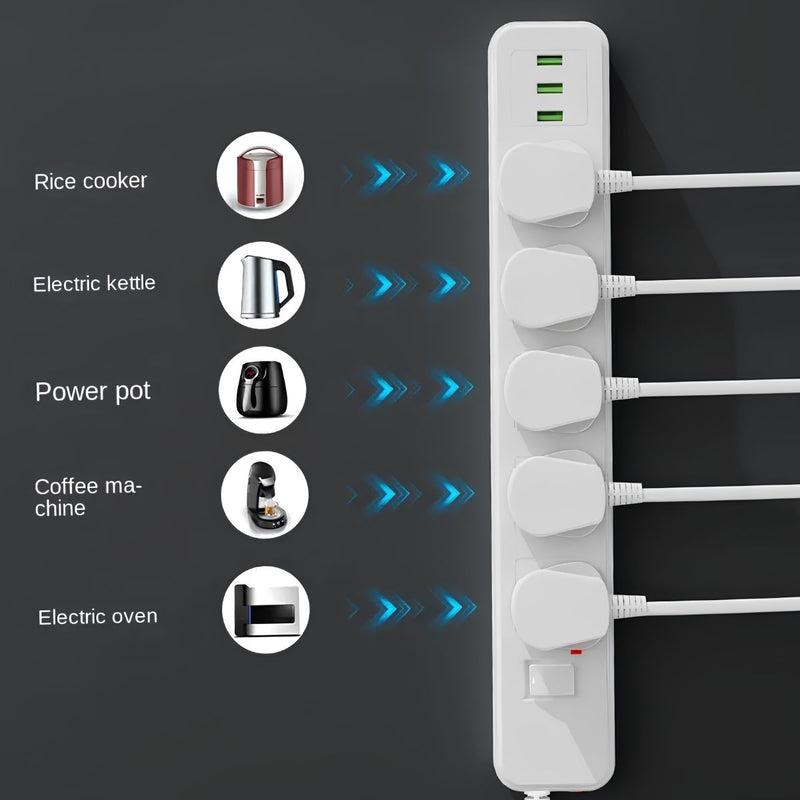 Regleta Multitoma Universal De 3 Enchufes Con 3 Puertos USB. Potencia De 2500W, Cable De 2M y Protección Contra Sobrecalentamiento.